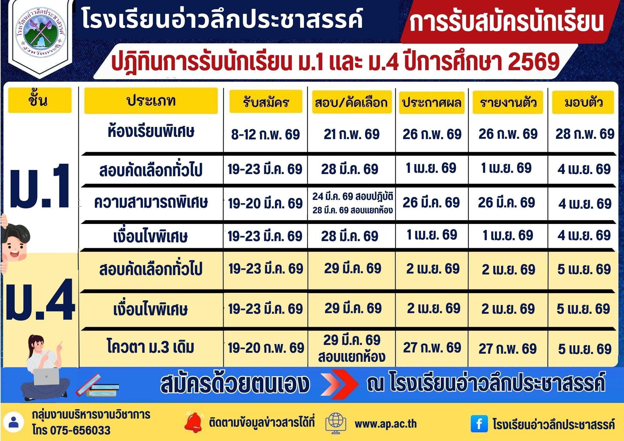 ปฏิทินการรับนักเรียน ม.1 และ ม.4 ประจำปีการศึกษา 2569